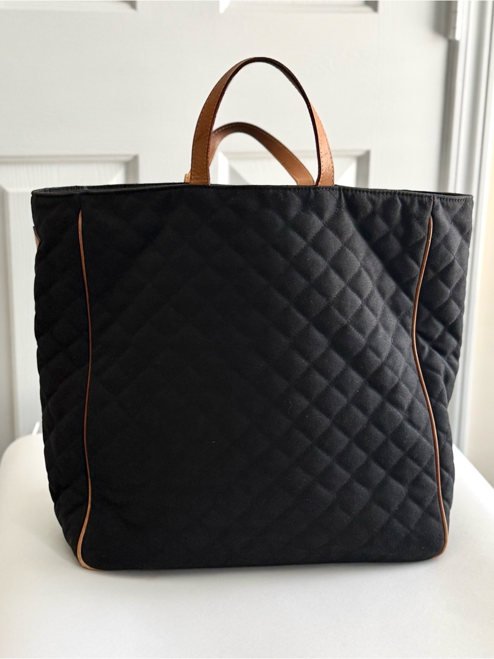 MZ Wallace Quilted BlackTote Bag with Tan Leather Trim